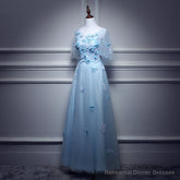 Light Blue Flowers Long Party Dress, A-line Tulle Party Dress Evening Dress